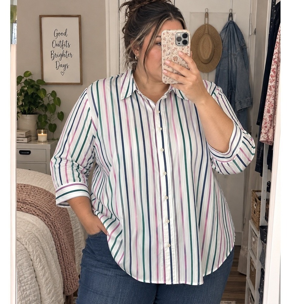 Talbots Plus 3X Striped Cotton Button Down Shirt Pink Green Navy 3/4 Sleeve NWT